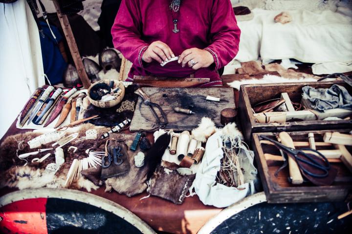 A table displaying several tribal crafts and tools